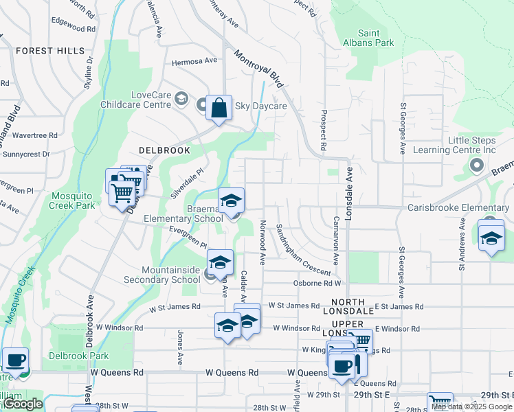 map of restaurants, bars, coffee shops, grocery stores, and more near 3715 Norwood Avenue in North Vancouver