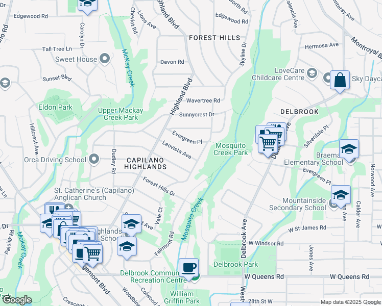 map of restaurants, bars, coffee shops, grocery stores, and more near 910 Leovista Avenue in North Vancouver