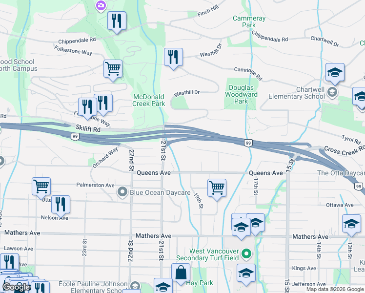 map of restaurants, bars, coffee shops, grocery stores, and more near 1945 Rosebery Avenue in West Vancouver