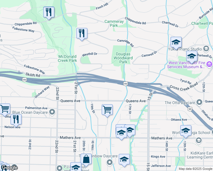 map of restaurants, bars, coffee shops, grocery stores, and more near 1805 Rosebery Avenue in West Vancouver