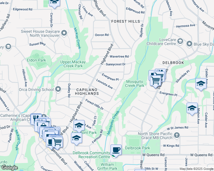 map of restaurants, bars, coffee shops, grocery stores, and more near 920 Leovista Avenue in North Vancouver