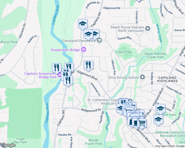map of restaurants, bars, coffee shops, grocery stores, and more near 3718 Edgemont Boulevard in North Vancouver