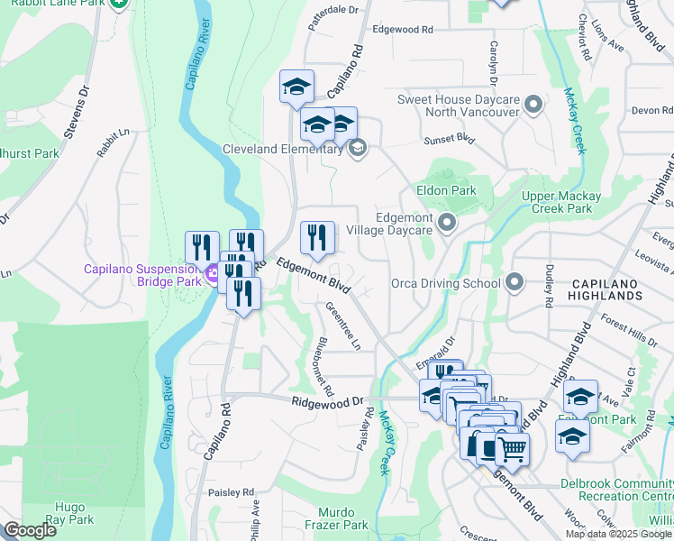 map of restaurants, bars, coffee shops, grocery stores, and more near 3712 Edgemont Boulevard in North Vancouver