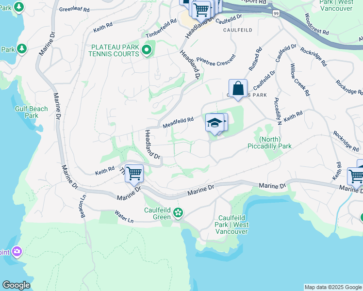 map of restaurants, bars, coffee shops, grocery stores, and more near 4513 Caulfeild Lane in West Vancouver