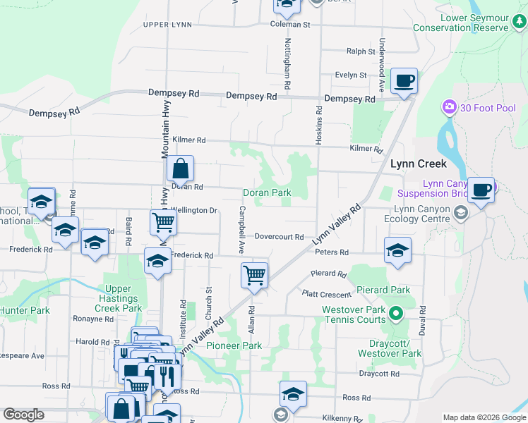 map of restaurants, bars, coffee shops, grocery stores, and more near 1511 Burrill Avenue in North Vancouver