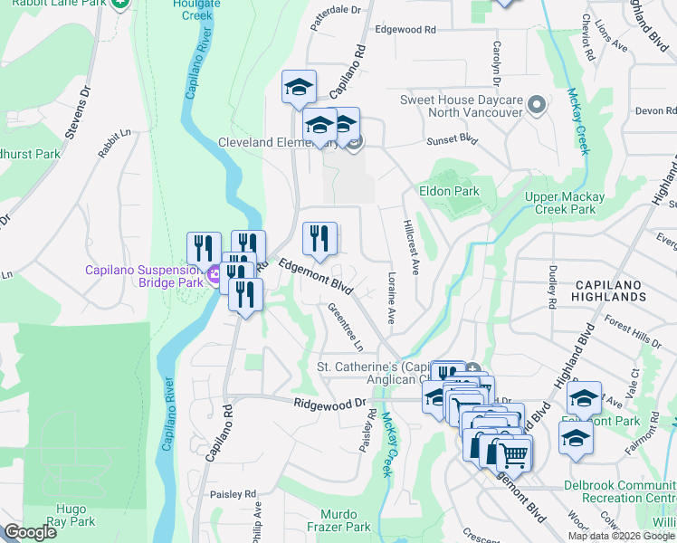 map of restaurants, bars, coffee shops, grocery stores, and more near 3712 Edgemont Boulevard in North Vancouver