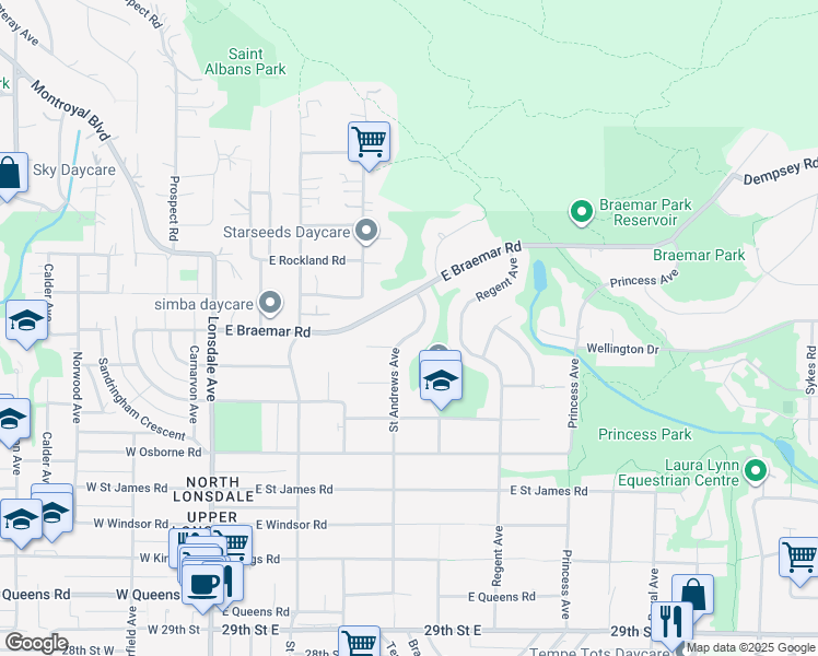 map of restaurants, bars, coffee shops, grocery stores, and more near 3757 Saint Andrews Avenue in North Vancouver