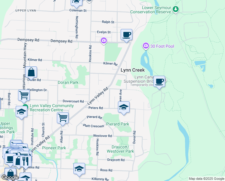 map of restaurants, bars, coffee shops, grocery stores, and more near 3690 Henderson Avenue in North Vancouver