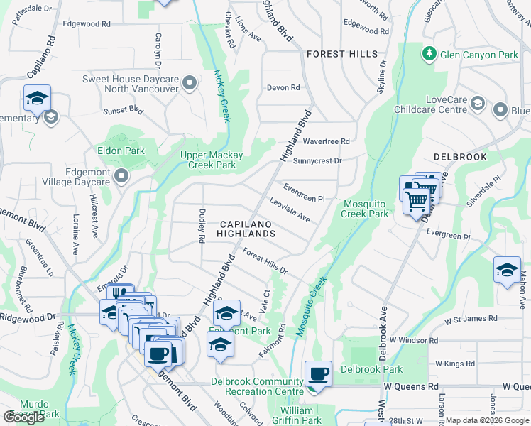 map of restaurants, bars, coffee shops, grocery stores, and more near 946 Beaumont Drive in North Vancouver