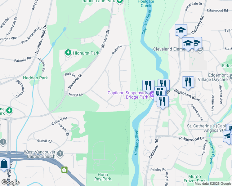 map of restaurants, bars, coffee shops, grocery stores, and more near 343 Moyne Drive in West Vancouver