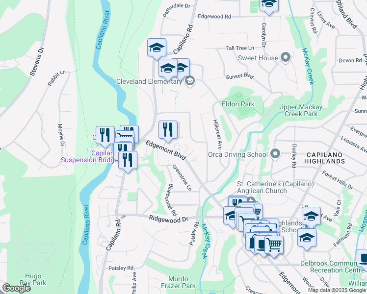 map of restaurants, bars, coffee shops, grocery stores, and more near 3708 Edgemont Boulevard in North Vancouver