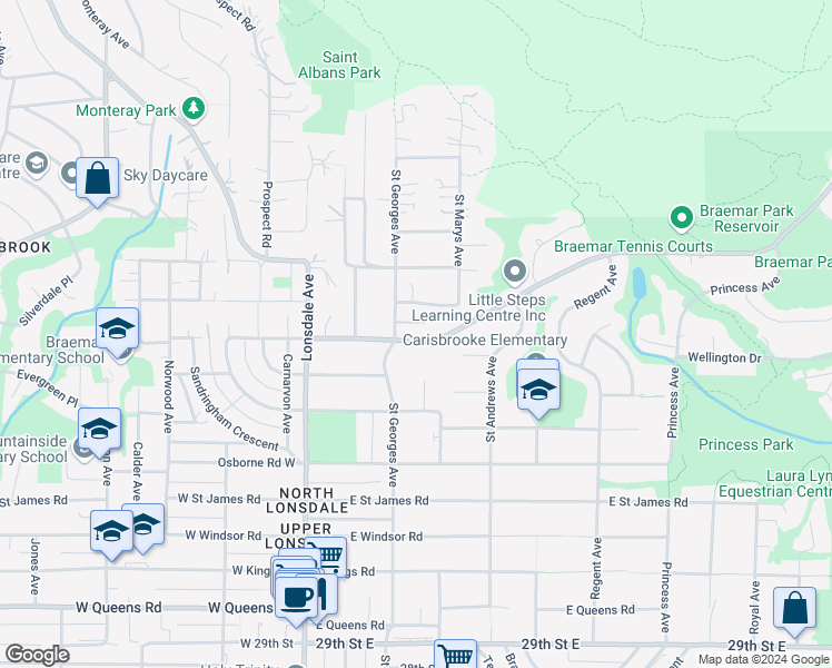 map of restaurants, bars, coffee shops, grocery stores, and more near 228 Braemar Road East in North Vancouver