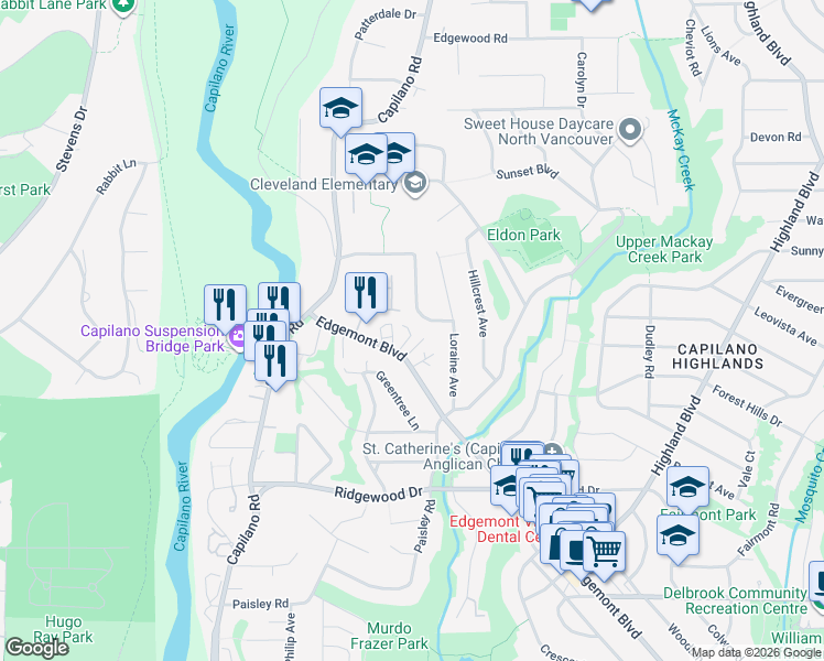 map of restaurants, bars, coffee shops, grocery stores, and more near 3702 Edgemont Boulevard in North Vancouver
