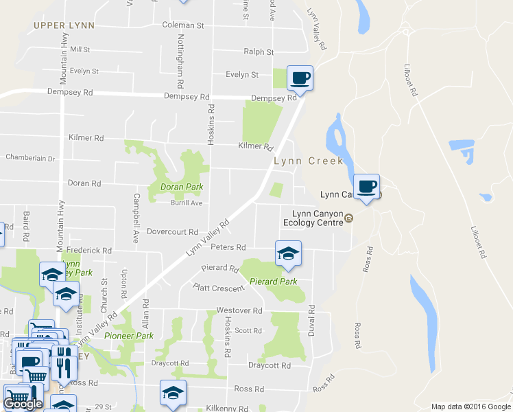 map of restaurants, bars, coffee shops, grocery stores, and more near 3681 Henderson Avenue in North Vancouver