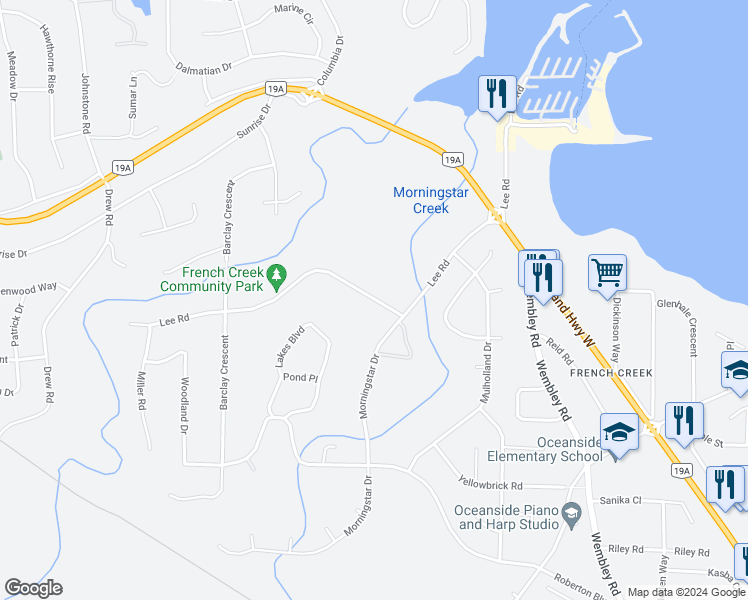 map of restaurants, bars, coffee shops, grocery stores, and more near 1150-1212 Lee Road in Parksville