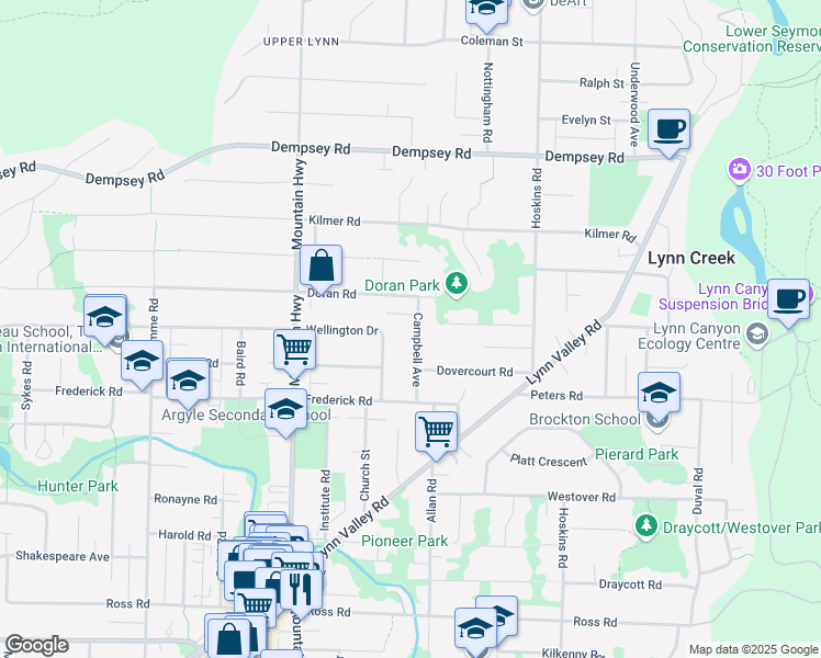 map of restaurants, bars, coffee shops, grocery stores, and more near 3711 Campbell Avenue in North Vancouver