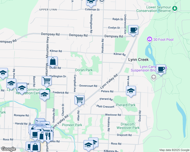 map of restaurants, bars, coffee shops, grocery stores, and more near 1561 Burrill Avenue in North Vancouver