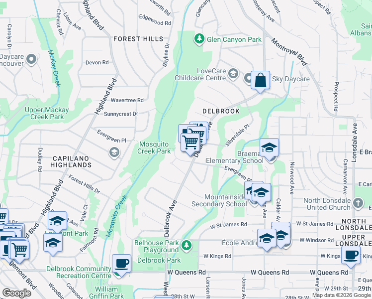 map of restaurants, bars, coffee shops, grocery stores, and more near 3743 Delbrook Avenue in North Vancouver