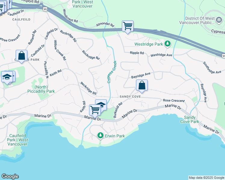 map of restaurants, bars, coffee shops, grocery stores, and more near 4119 Burkeridge Place in West Vancouver