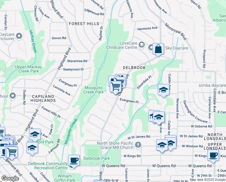 map of restaurants, bars, coffee shops, grocery stores, and more near 3747 Delbrook Avenue in North Vancouver