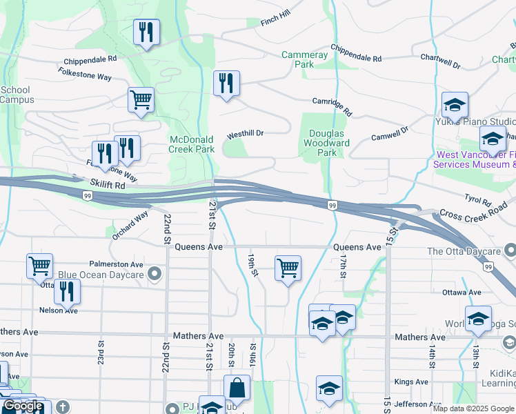 map of restaurants, bars, coffee shops, grocery stores, and more near 1895 Rosebery Avenue in West Vancouver