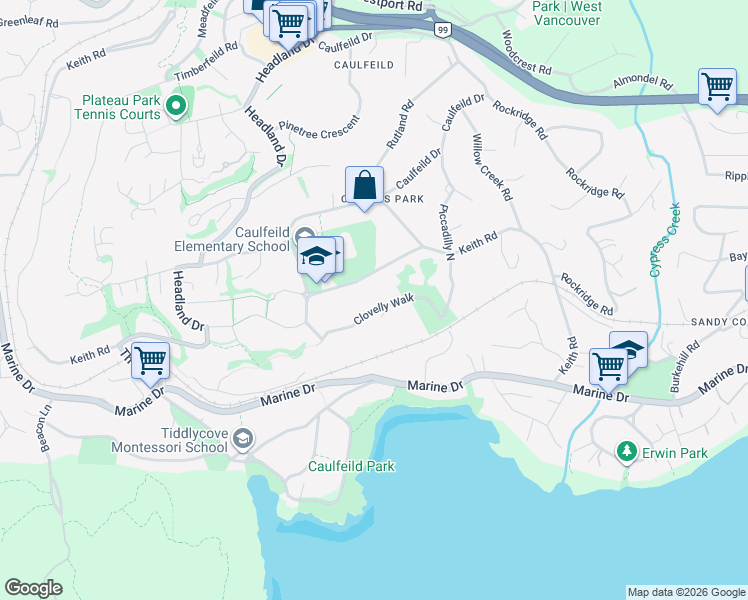 map of restaurants, bars, coffee shops, grocery stores, and more near 4649 Clovelly Walk in West Vancouver