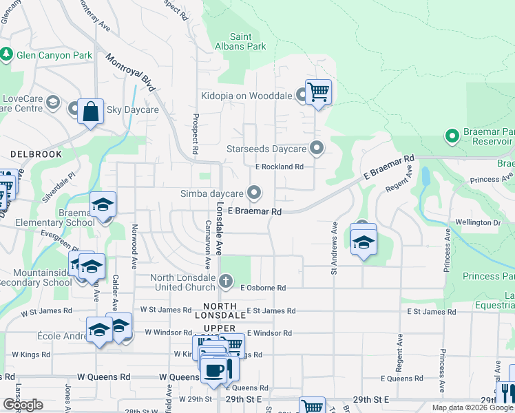map of restaurants, bars, coffee shops, grocery stores, and more near 186 East Braemar Road in North Vancouver
