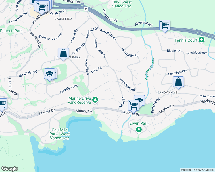 map of restaurants, bars, coffee shops, grocery stores, and more near 4445 Stone Court in West Vancouver