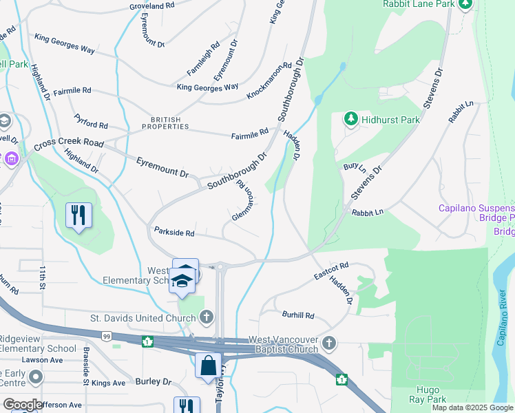 map of restaurants, bars, coffee shops, grocery stores, and more near 628 Glenmaroon Road in West Vancouver