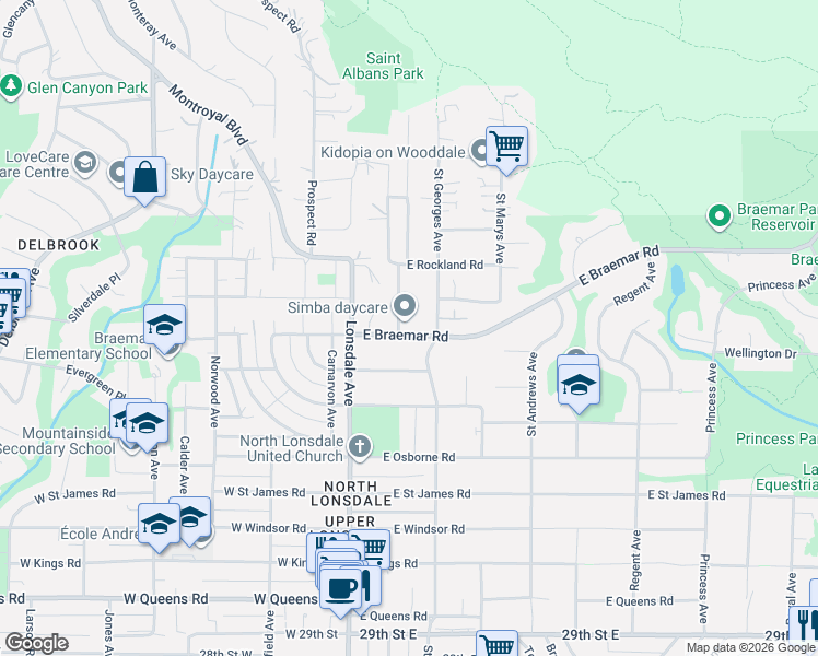map of restaurants, bars, coffee shops, grocery stores, and more near 186 East Braemar Road in North Vancouver