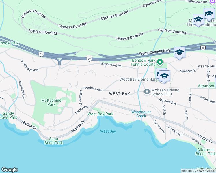 map of restaurants, bars, coffee shops, grocery stores, and more near 3395 Thompson Crescent in West Vancouver