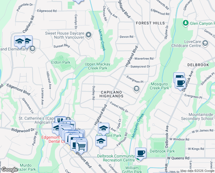 map of restaurants, bars, coffee shops, grocery stores, and more near 965 Beaumont Drive in North Vancouver