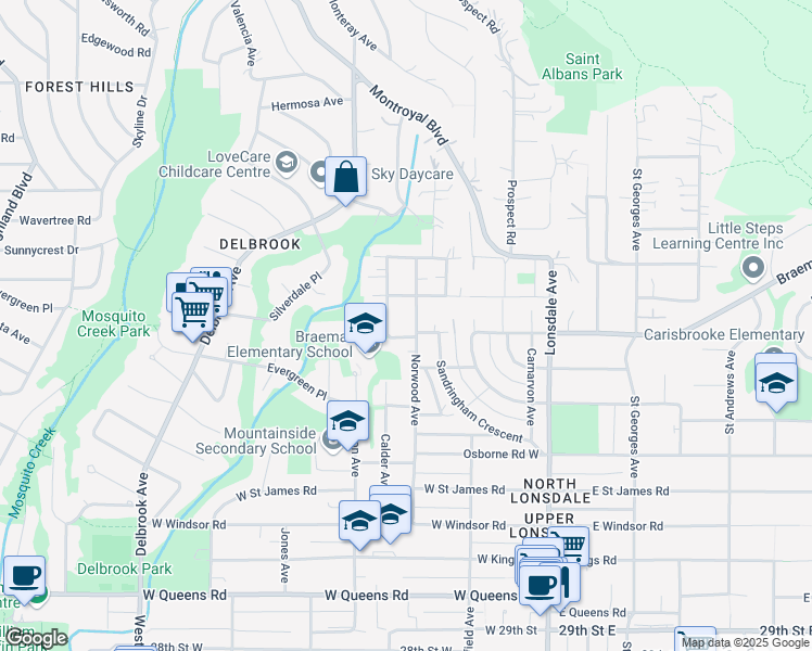 map of restaurants, bars, coffee shops, grocery stores, and more near 3715 Norwood Avenue in North Vancouver