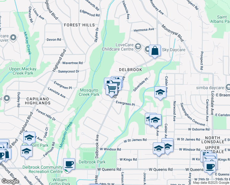 map of restaurants, bars, coffee shops, grocery stores, and more near 3721 Delbrook Avenue in North Vancouver