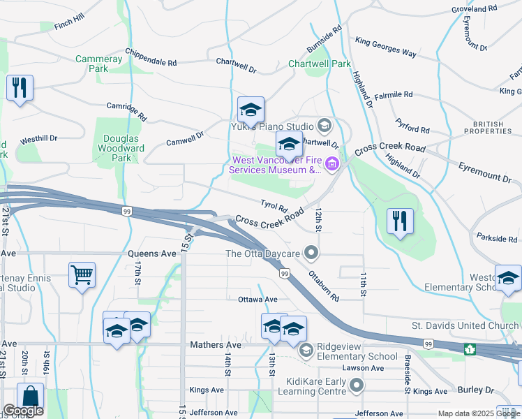 map of restaurants, bars, coffee shops, grocery stores, and more near 1338 Tyrol Road in West Vancouver