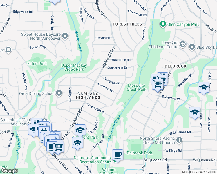 map of restaurants, bars, coffee shops, grocery stores, and more near 920 Leovista Avenue in North Vancouver