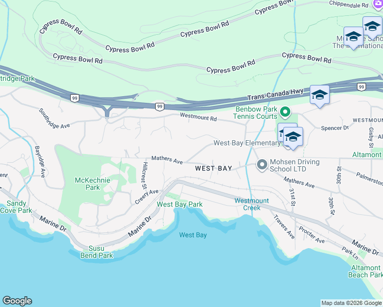 map of restaurants, bars, coffee shops, grocery stores, and more near 3395 Thompson Crescent in West Vancouver