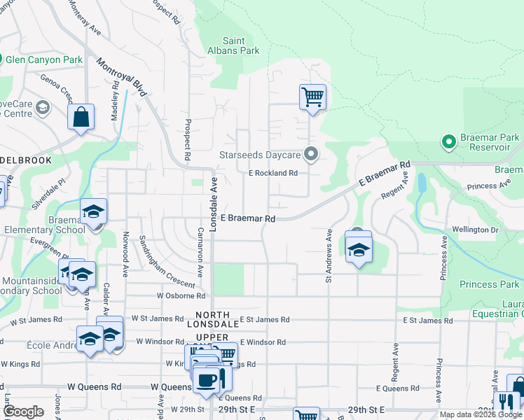 map of restaurants, bars, coffee shops, grocery stores, and more near 3729 Saint Georges Avenue in North Vancouver