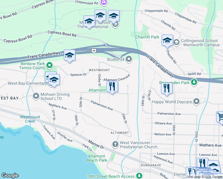 map of restaurants, bars, coffee shops, grocery stores, and more near 2955 Rosebery Avenue in West Vancouver