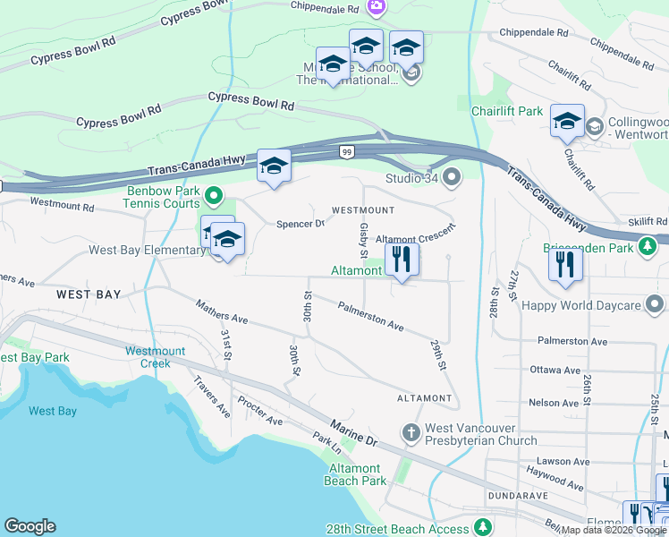map of restaurants, bars, coffee shops, grocery stores, and more near 2991 Rosebery Avenue in West Vancouver
