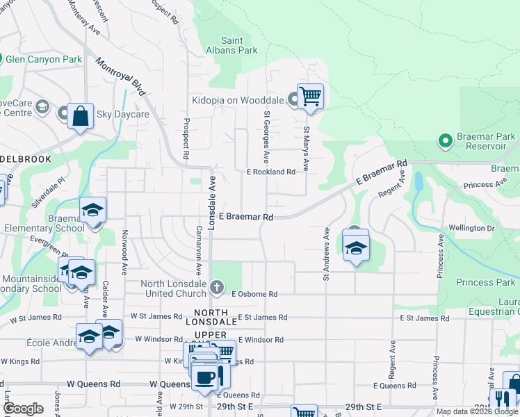 map of restaurants, bars, coffee shops, grocery stores, and more near 3729 Saint Georges Avenue in North Vancouver