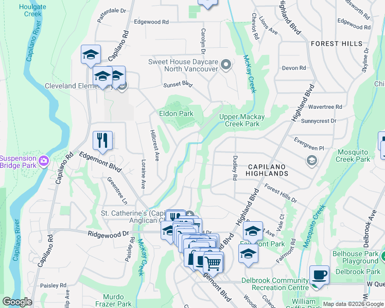 map of restaurants, bars, coffee shops, grocery stores, and more near 3775 Emerald Drive in North Vancouver