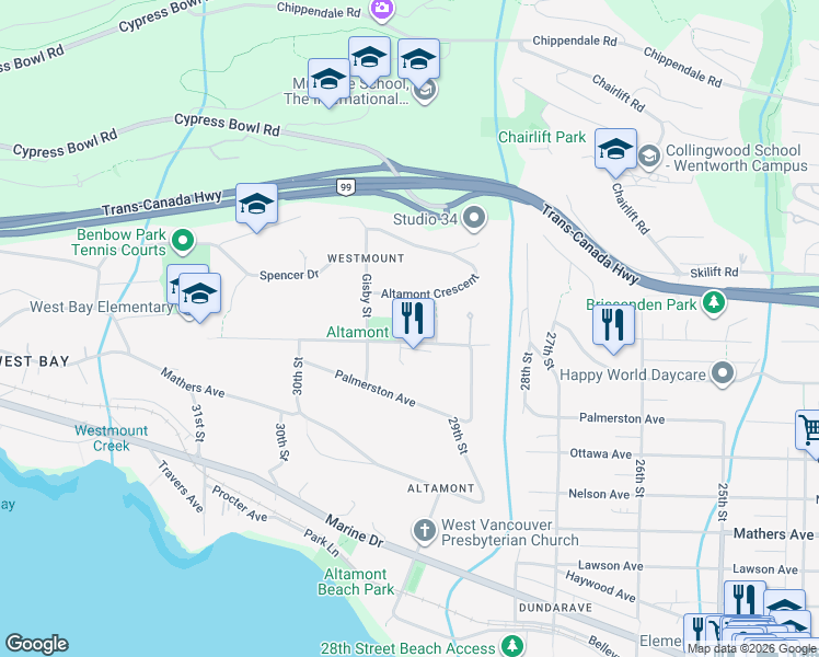 map of restaurants, bars, coffee shops, grocery stores, and more near 2955 Rosebery Avenue in West Vancouver