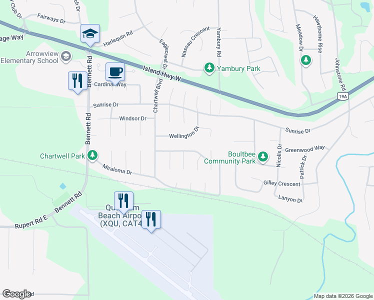 map of restaurants, bars, coffee shops, grocery stores, and more near 1154 Wellington Drive in Qualicum Beach