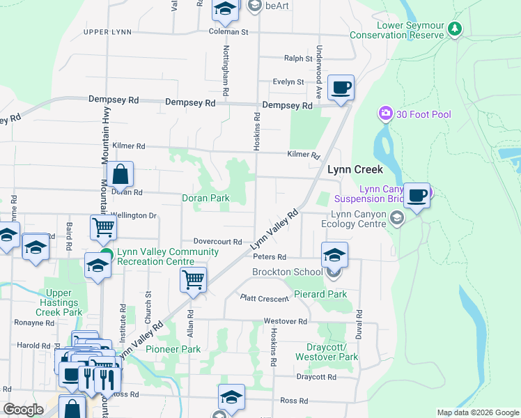 map of restaurants, bars, coffee shops, grocery stores, and more near 3710 Hoskins Road in North Vancouver