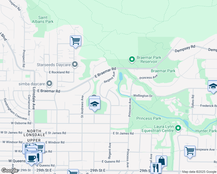 map of restaurants, bars, coffee shops, grocery stores, and more near 3751 Roblin Place in North Vancouver