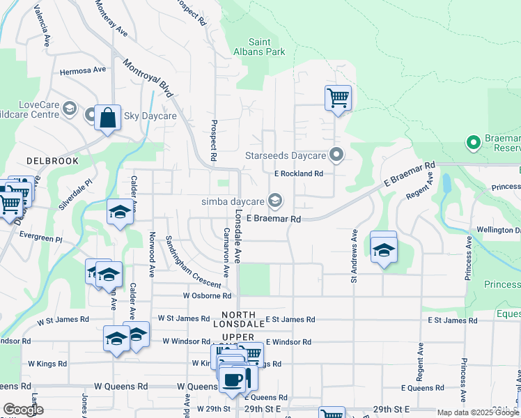 map of restaurants, bars, coffee shops, grocery stores, and more near 3757 Saint Pauls Avenue in North Vancouver