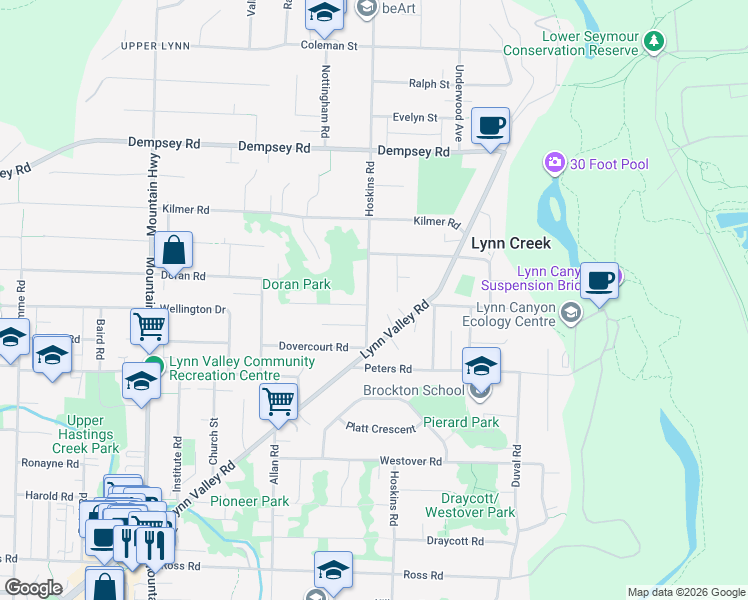map of restaurants, bars, coffee shops, grocery stores, and more near 3710 Hoskins Road in North Vancouver