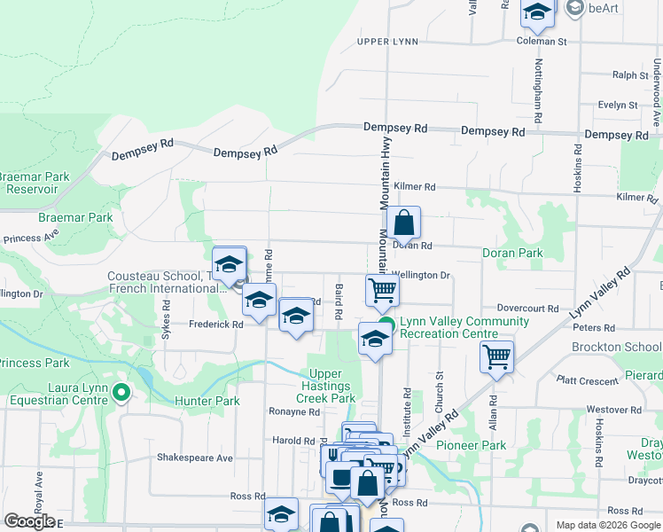 map of restaurants, bars, coffee shops, grocery stores, and more near 1232 Wellington Drive in North Vancouver