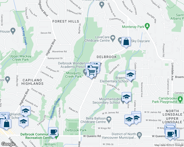 map of restaurants, bars, coffee shops, grocery stores, and more near 629 Silverdale Place in North Vancouver